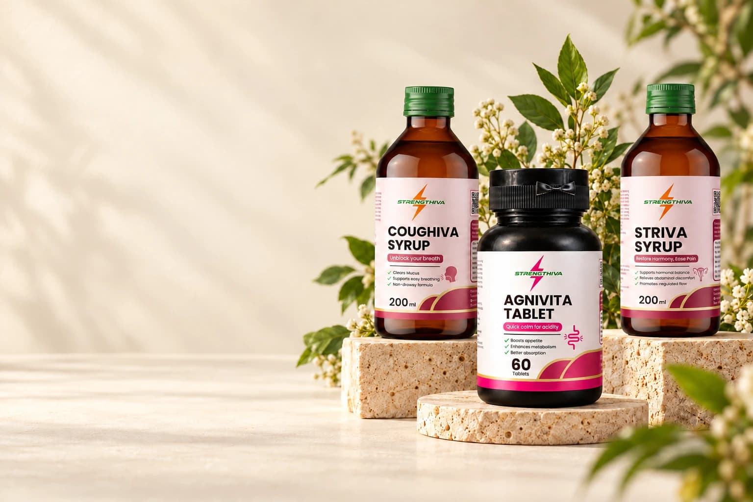 Strengthiva syrups and tablets on stone plinths among green leaves