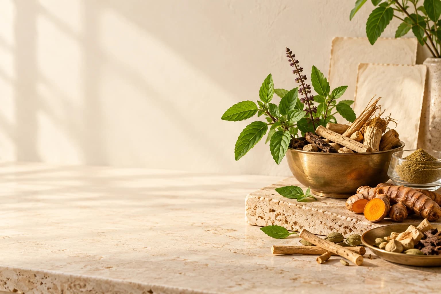 A brass bowl of whole dried Ayurvedic roots with fresh herbs on a stone slab