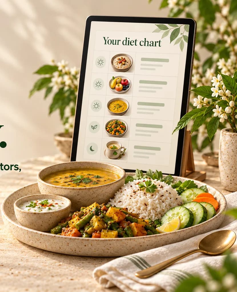 A tablet showing a daily diet chart beside a plate of dal, rice and vegetables